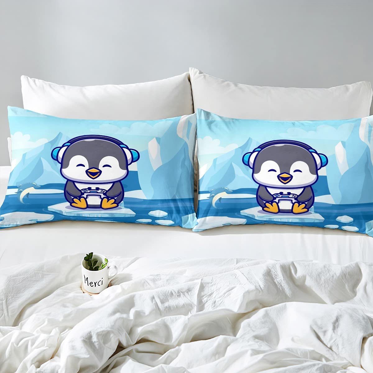 Homemissing Karikatur Pinguin Bettwäsche Set 135x200cm Süße Baby Pinguine Spiele Bettbezug Set Für Mädchen Jungen Kinder Spieler Gamepad Betten Set Lustige Tier Drucken SchlafRaumdekoration