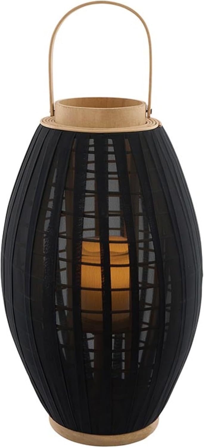 47th & Main Glass Hurricane Round Lantern with Handle Pillar Candleholder, Medium, Bamboo/Black