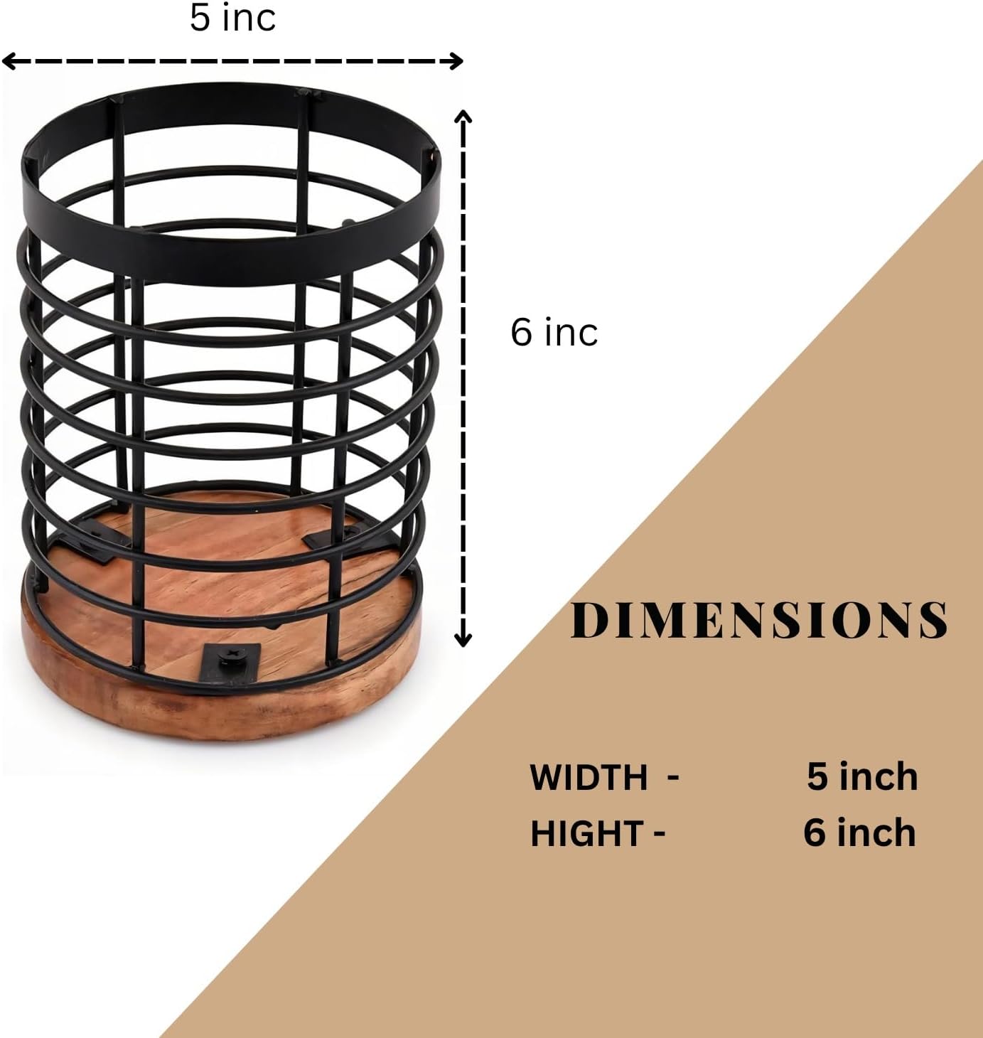 Wooden Utensil Holder for Kitchen Countertop, Rustic Metal Wire Cutlery Stand with Solid Wood Base, Spoon Spatula Organizer for Kitchen Décor Cooking Tools - 5.2" x 5.2" x 6"