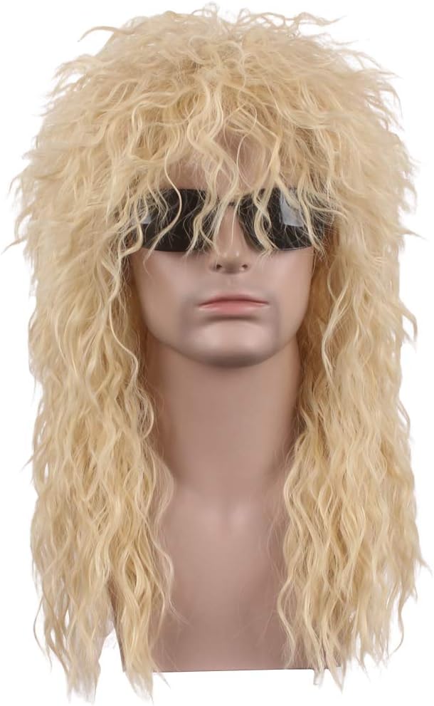 80s Mullet Wig Halloween Costumes Punk Rocker Long Blonde Curly hair Cosplay Wig for Men