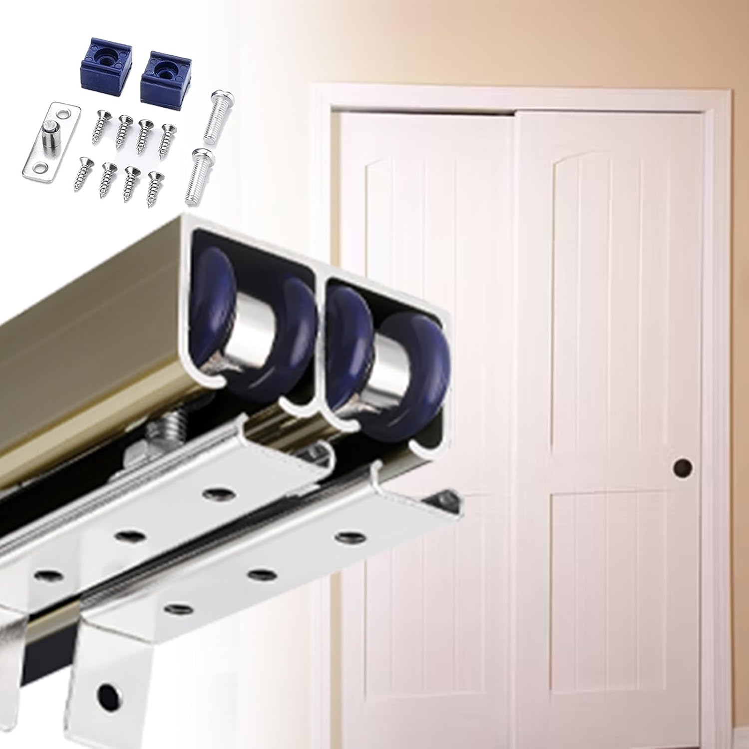 Residential/Commercial Pocket Door Hardware Kit, Bypass Barn Door Tracks with Accessories, Heavy-Duty Roller Track for Double Sliding Doors(Champagne,2.6m/8.5ft)