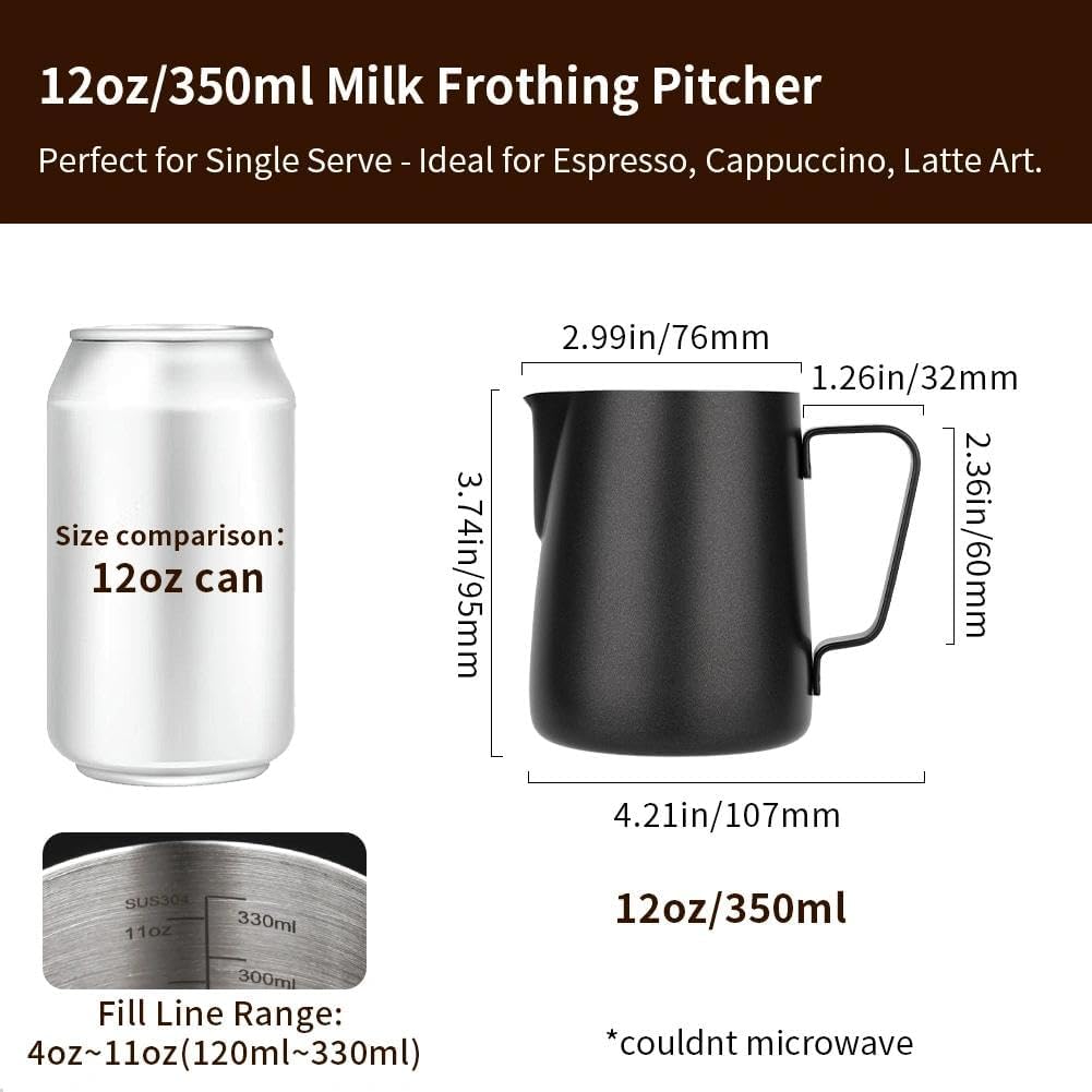 watchget - Jarra de espuma de leche de 350 ml, jarra de acero inoxidable para espumar leche, capuchino, latte, accesorios para máquina de café, jarra de leche, taza espumadora de leche, color negro