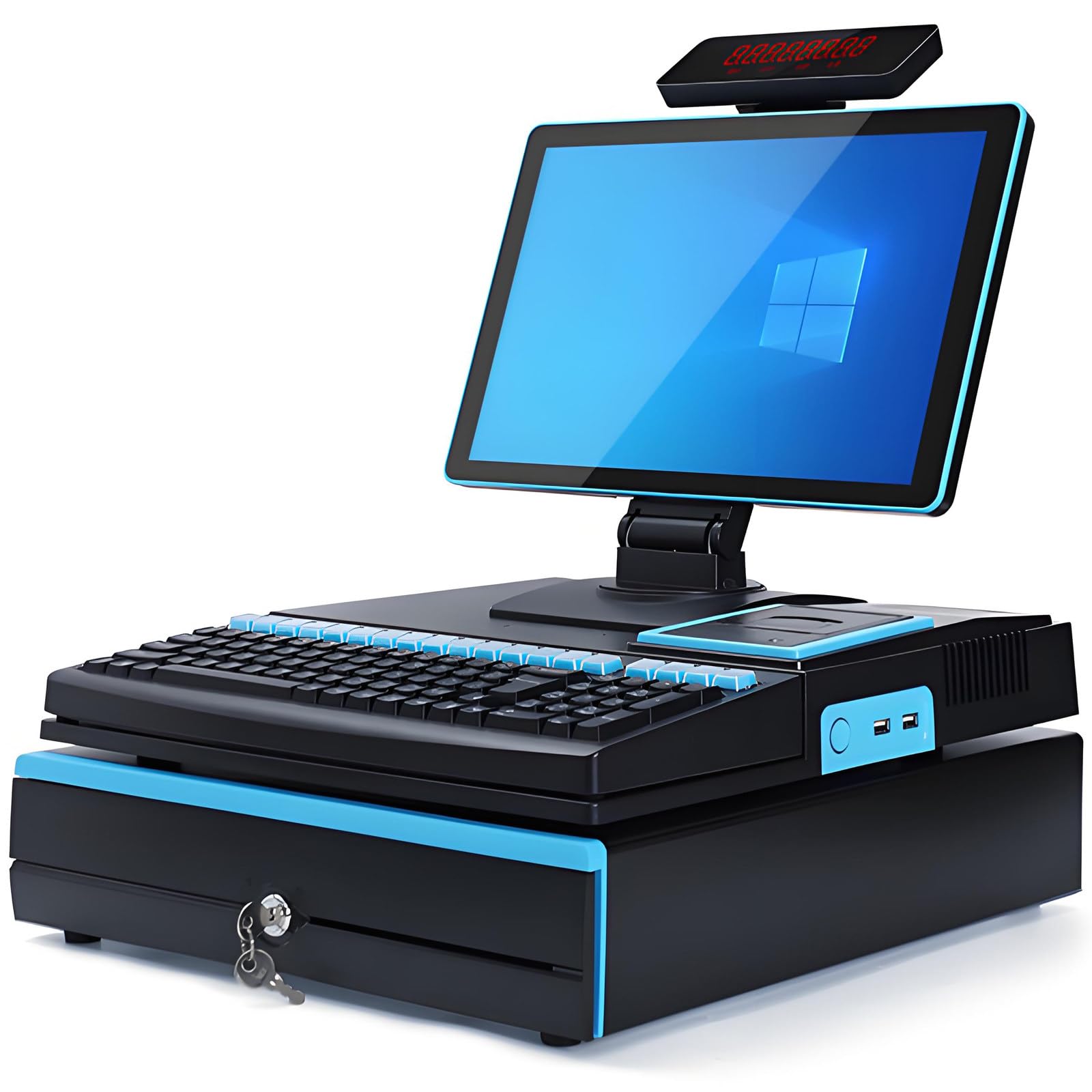 Registratore di Cassa Telematico, Sistem POS con Schermo Tattile 15.6", 8GB + 128GB, Scanner di Codici a Barre, 58mm Printer, Cassa Professionale per Ristoranti e Negozi Blue