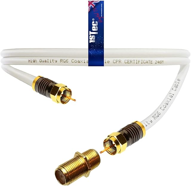 1STec 1m Long White Gold Plated Male to Male Virgin Media Extension Cable with Female Joining Coupler for V6 TIVO Set Top Box or VIVID Fibre Super Hub Broadband Modems (1 Metre)
