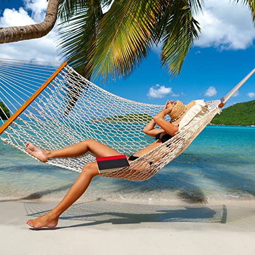 Gafete Rope Hammocks Swing With 5Ft Tree Straps, Traditional Hand Woven Cotton 52" Double Hammock With Free Chains & Straps & Hooks & Hardwood Spreader Bar For Outside Outdoor, Max 450Lbs (Natural) #TOP6