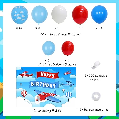 Miniatura 5 de Sursurprise Decoraciones de fiesta de cumpleaños con temática de avión, kit de arco de guirnalda de globos para suministros de fiesta de cumpleaños