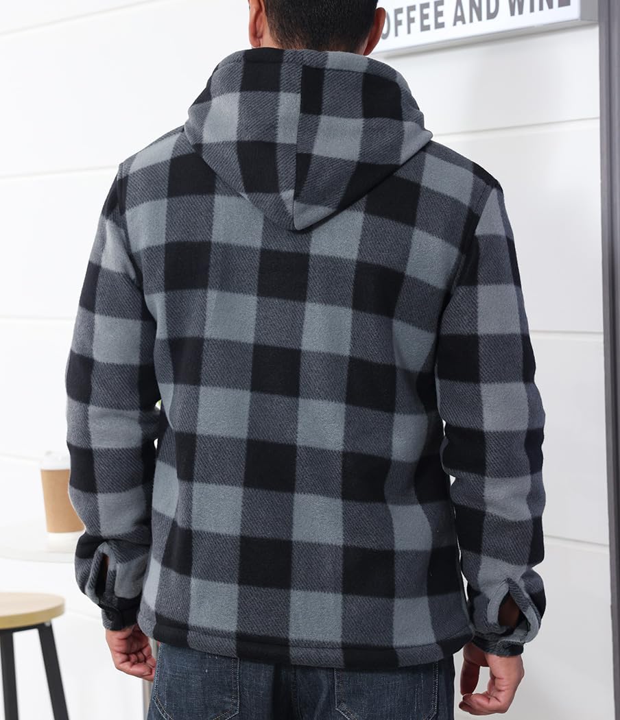 Men’s Thick Flannel Plaid Jacket Heavyweight Zip Up Hoodie Sherpa Fleece Lined Hoodies Warm Winter Coat with Pockets - Image 2