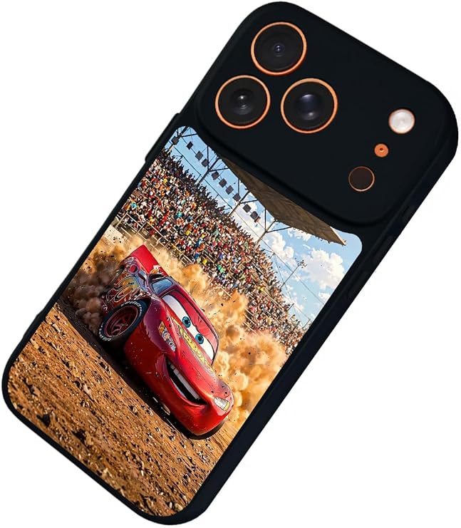 iPhone 17 Pro Max ile Uyumlu Şimsek McQueen Tasarımlı Glossy Premium Kılıf, Siyah
