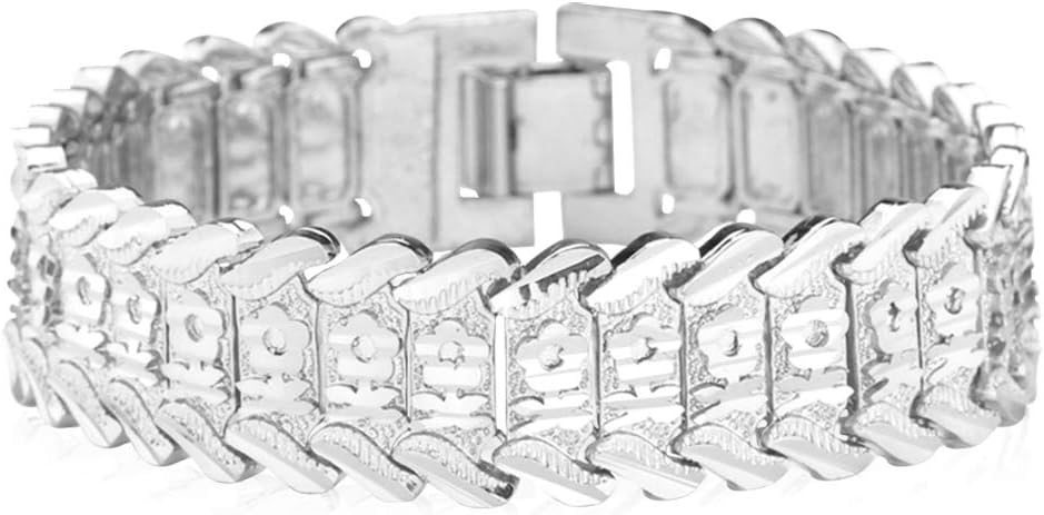 U7 Platium Plated Rose Flower Pattern 17mm Chunky Thick Wrist Link Bracelet (20CM Long)