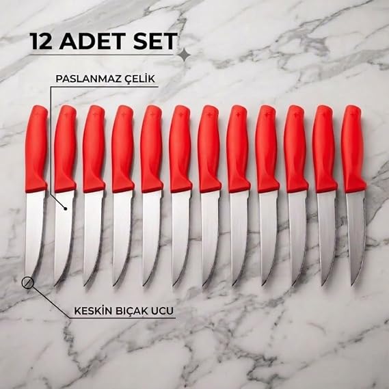 Paslanmaz Çelik Meyve Bıçağı Seti, Kırmızı Saplı, 12 Parça, Mutfak Bıçakları