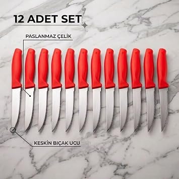 Paslanmaz Çelik Meyve Bıçağı Seti, Kırmızı Saplı, 12 Parça, Mutfak Bıçakları