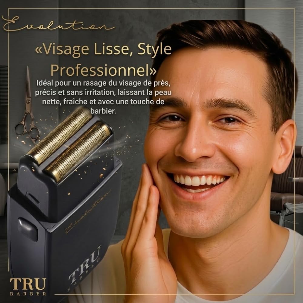 TRU BARBER Evolution – Rasoir électrique professionnel homme 9000 tr/min avec grille titane hypoallergénique, idéal barbe cheveux et crâne chauve, batterie longue durée rechargeable USB