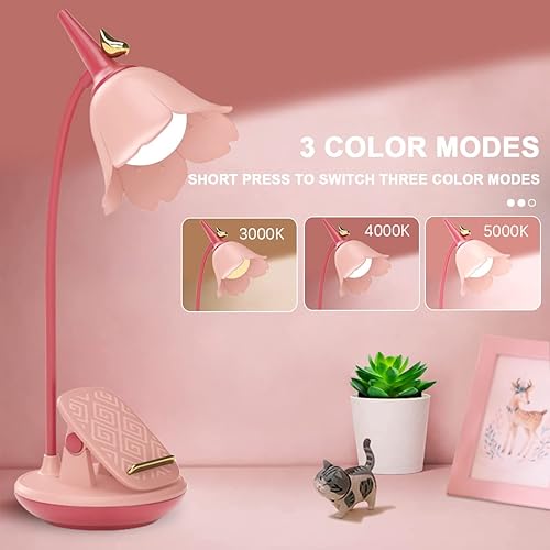 Miniatura 4 de KoudHug Lámpara de escritorio rosa con abrazadera lámpara de escritorio LED recargable pequeña cuello de cisne ajustable lámpara de escritorio