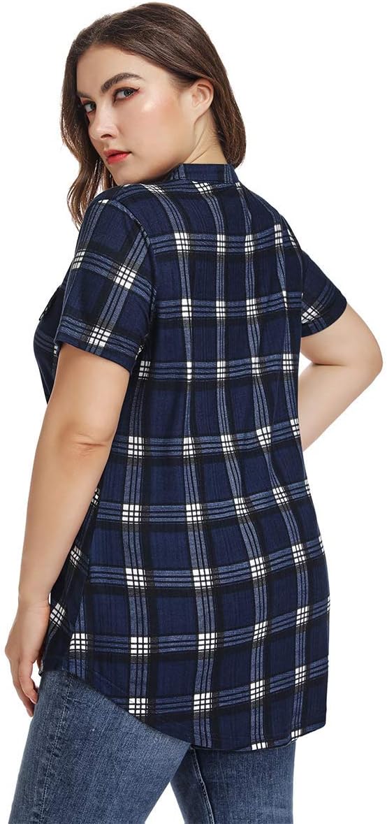 MONNURO Womens Plus Size Tops V Neck Plaid Shirts Summer Short Sleeve Work Casual Blouses