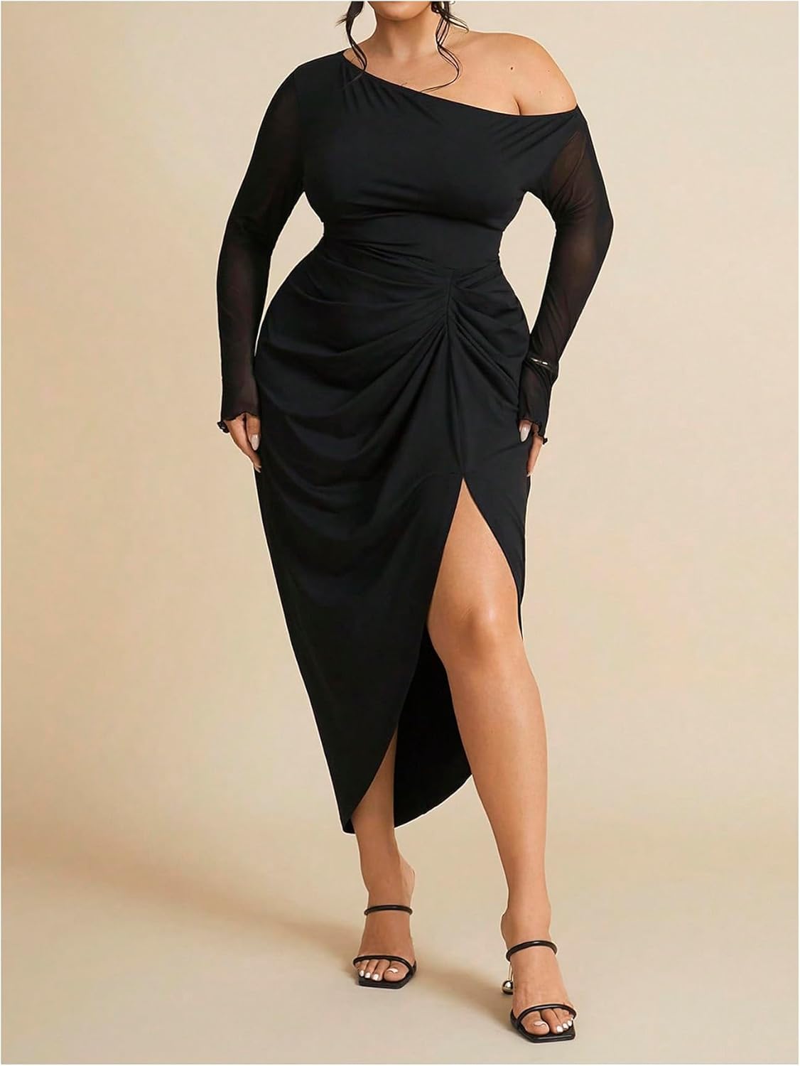 WDIRARA Women's Plus Size Off Shoulder Bodycon Dress Mesh Long Sleeve Ruched Split Midi Dresses - Image 3