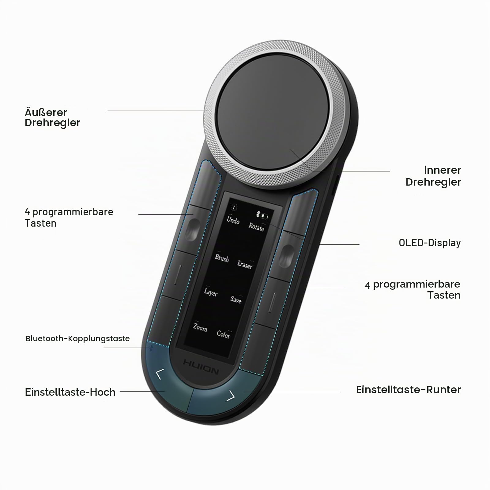HUION Keydial Fernbedienung, programmierbare Bluetooth-Tastatur mit zwei Zifferblättern, 60 benutzerdefinierte Tasten, OLED-Display, Makro-Tastatur, funktioniert mit PC, Mac, Handy, Einhand-Tastatur