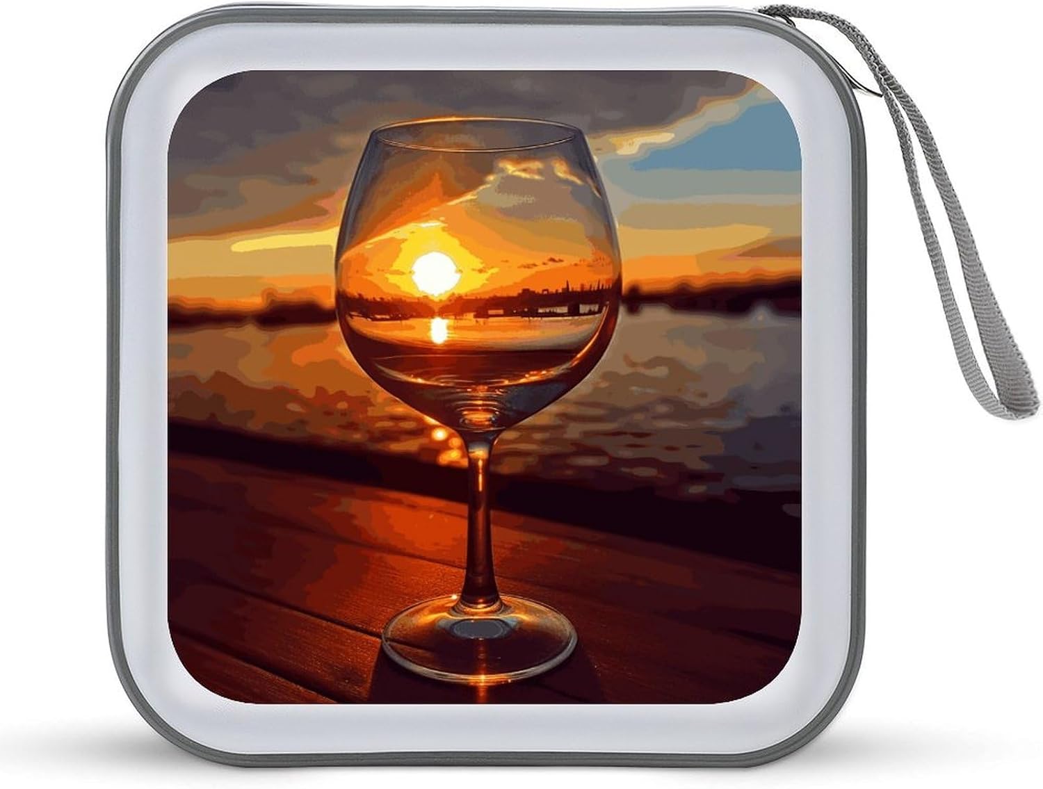 Wine Glass in The Sunset CD Case Holder Hard Plastic DVD Case Storage Holders 40 Capacity Large Storage Disc Wallet Bag Portable Zipper CD/DVD Wallet Holder Organizer for Car Home Travel