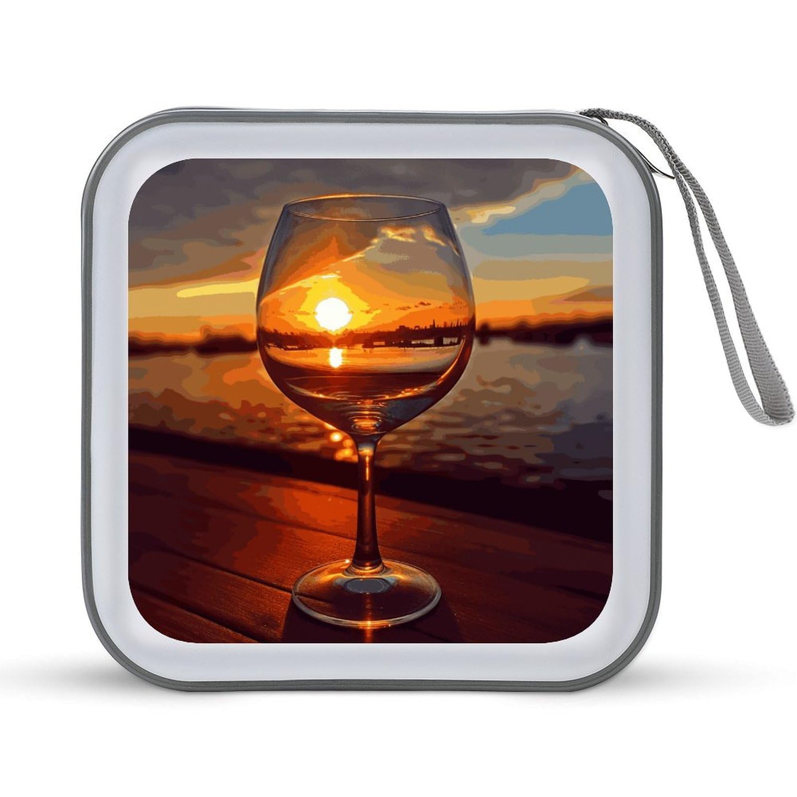 VstaDank Wine Glass in The Sunset CD Case Holder Hard Plastic DVD Case Storage Holders 40 Capacity Large Storage Disc Wallet Bag Portable Zipper CD/DVD Wallet Holder Organizer for Car Home Travel