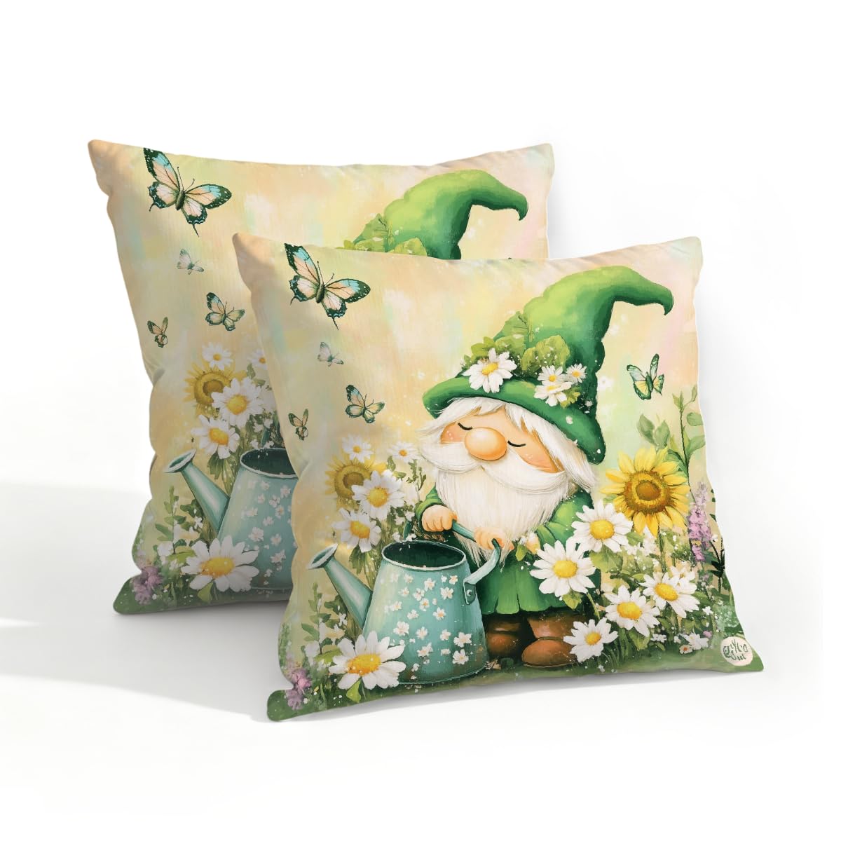 Outdoor Pillow Covers Waterproof Pillowcases 18x18IN Set of 2 Spring Summer Daisy Floral Gnome Butterfly Decorative Throw Cushion Case for Couch Sofa Garden Patio Furniture