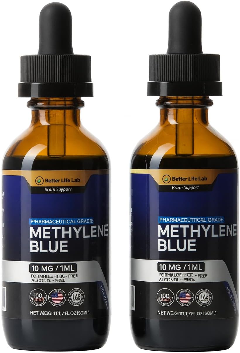 Methylene Blue Pharmaceutical Grade 99.99% with Dropper, Health Dietary Supplement for Humans, No Formaldehyde, Made in USA (1% 50ml Bottle) 1 Fl Oz (2 Pack)