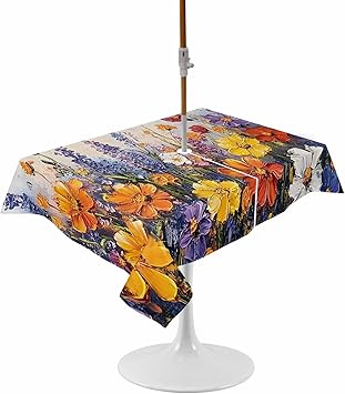 Botanical Flowers Rectangle Outdoor Tablecloth, Waterproof Table Cloth Cover with Umbrella Hole and Zipper, Farmhouse Floral Herbs Oil Painting Table Protector for Patio Party Picnic 52"x70"