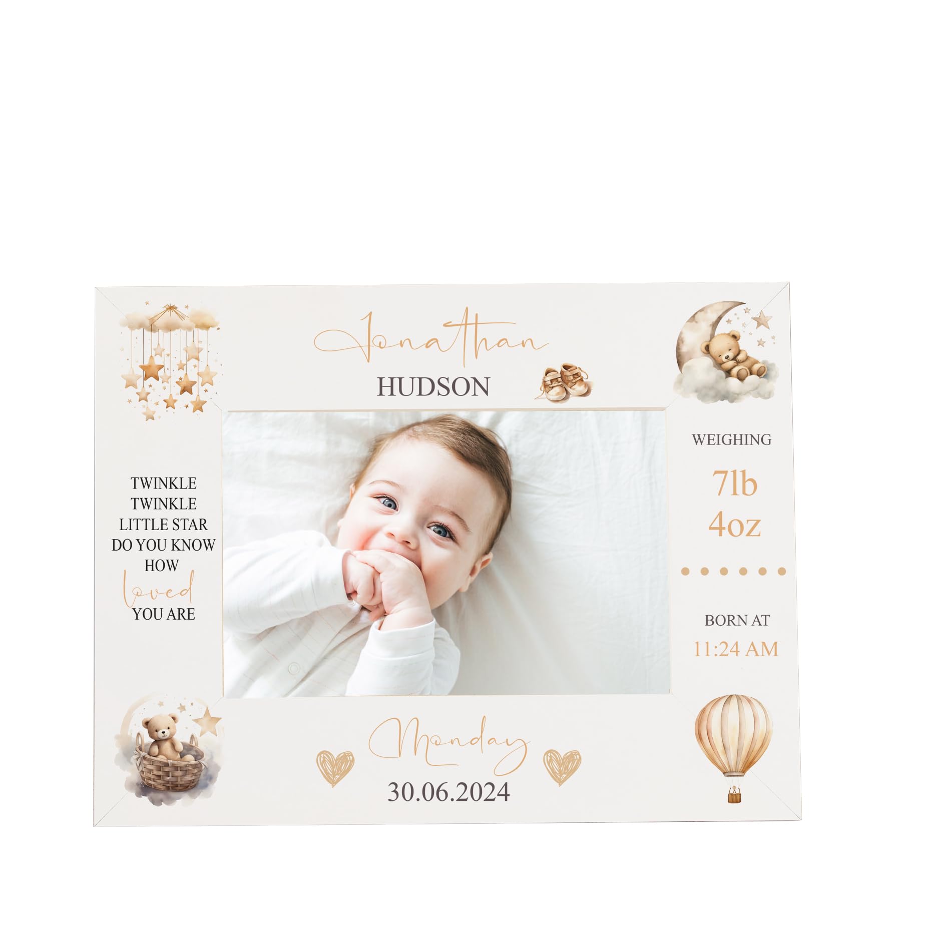 Personalised Baby Photo Frame with Birth Details, White, Teddy Design, 6 x 4 Inch, Wall Mount or Standing Display