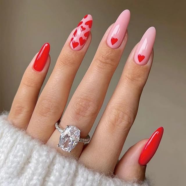 JUSTOTRY 24 Pcs Red Heart Almond Short False Nails,Pink French Press on Nails Pattern, Pretty Fake Nails Short with Nail Glue,Oval Medium Stick on Nails for Women,Nails Fake Nail for Nails Art