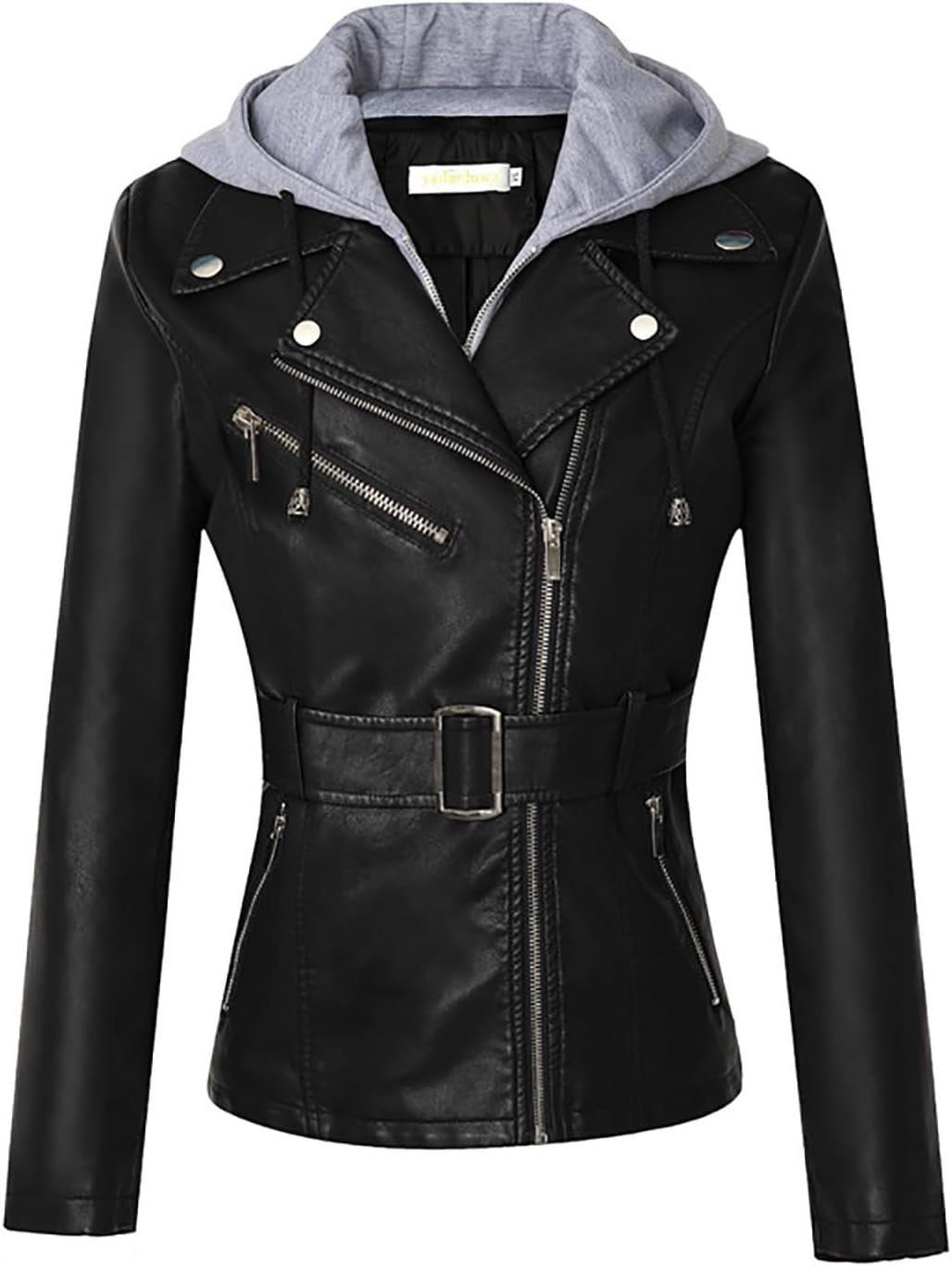 Lmdudan Women's Faux Leather Hooded Jacket Long Sleeve PU Moto Biker Outwear Fitted Slim Coat Zip Up Motorcycle Jackets Tops