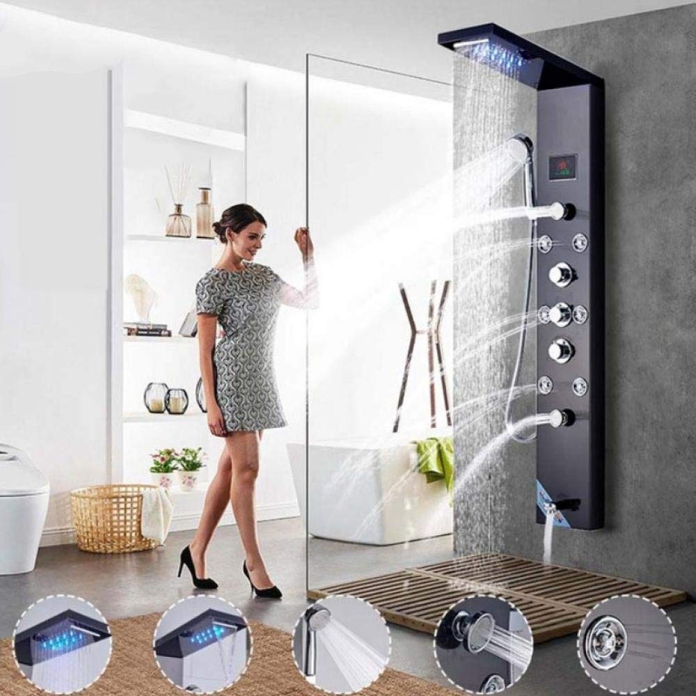 Panel prysznicowy LED z kranem, głowica wodospadowa, głowica prysznicowa, temperatura, deszczownica, bateria prysznicowa, szczotkowany nikiel