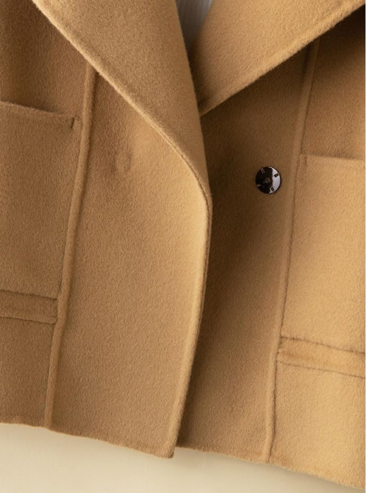 utcoco Womens Short Wool Pea Coat Notched Lapel Cropped Woolen Trench Coat with Pockets