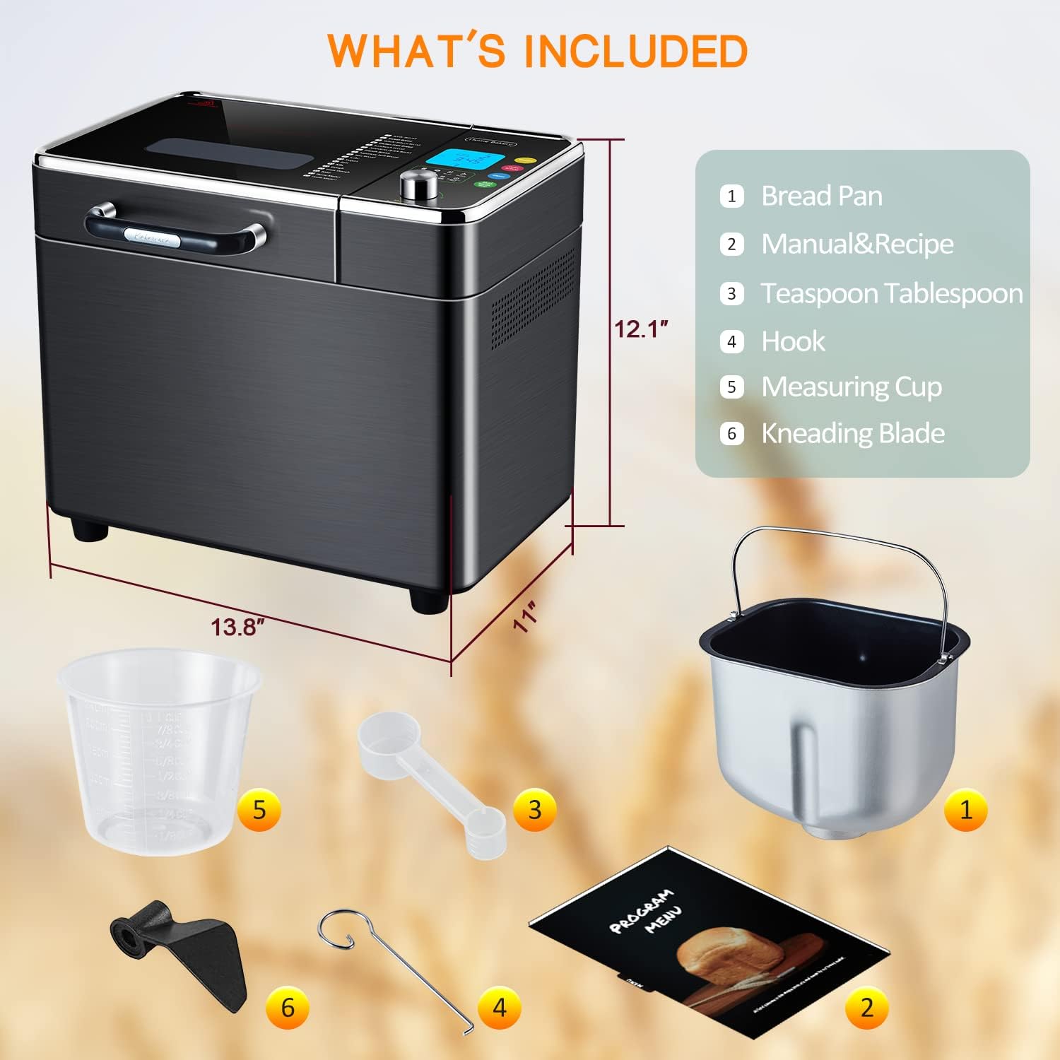 Diagram showing the bread machine and its included accessories: Bread Pan, Manual & Recipe book, Teaspoon/Tablespoon, Hook, Measuring Cup, and Kneading Blade.