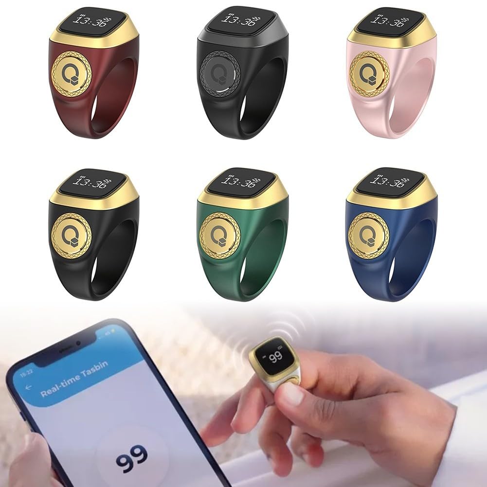 Bague Zikr intelligente par IQibla - Bague compteur numérique étanche intelligente, avec 5 notifications d'heure de prière et alertes par vibration pour hommes et femmes avec 3 tailles (20