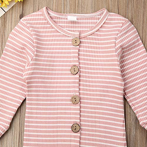 Luckinbaby Baby Unisex Romper Jumpsuit, Basic Plain Rib Stitch Stripe Long Sleeve Bodysuit Clothes For Infant Boy Girl (Pink Striped Romper, 0-3 Months) #TOP1
