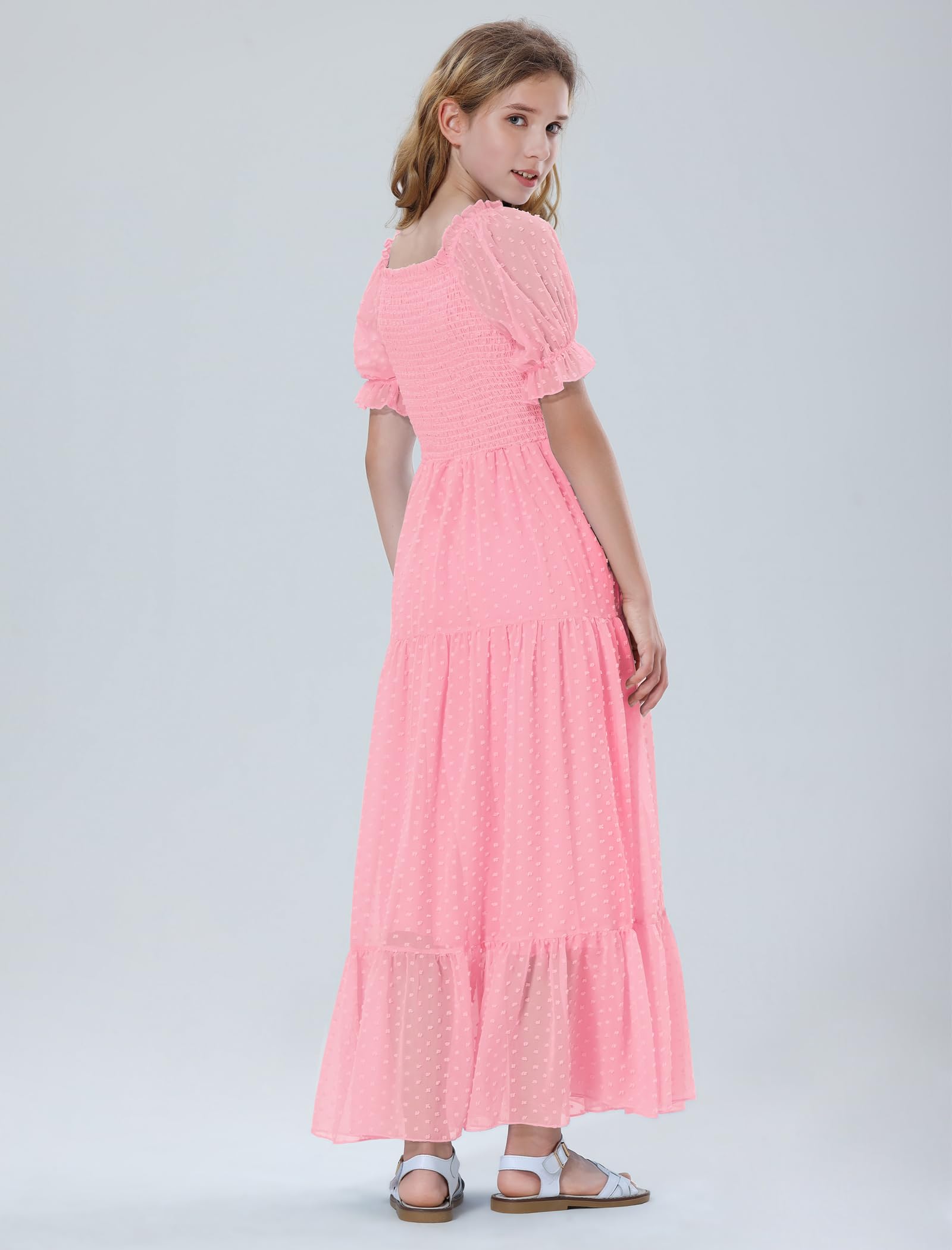 EXARUS Vestido largo fruncido para niñas de 6 a 12 años con cuello cuadrado, manga corta, casual, acampanado, para adolescentes, lunares suizos, de verano | Vestidos acampanados para adolescentes, para vacaciones, playa, baile, casual, fiesta de regreso a