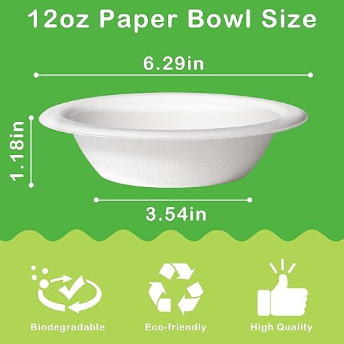 Miniatura 7 de Cuencos de papel desechables de 12 onzas, paquete de 50 cuencos desechables resistentes, cuencos de sopa de papel, cuencos de bagazo blanco, cuencos