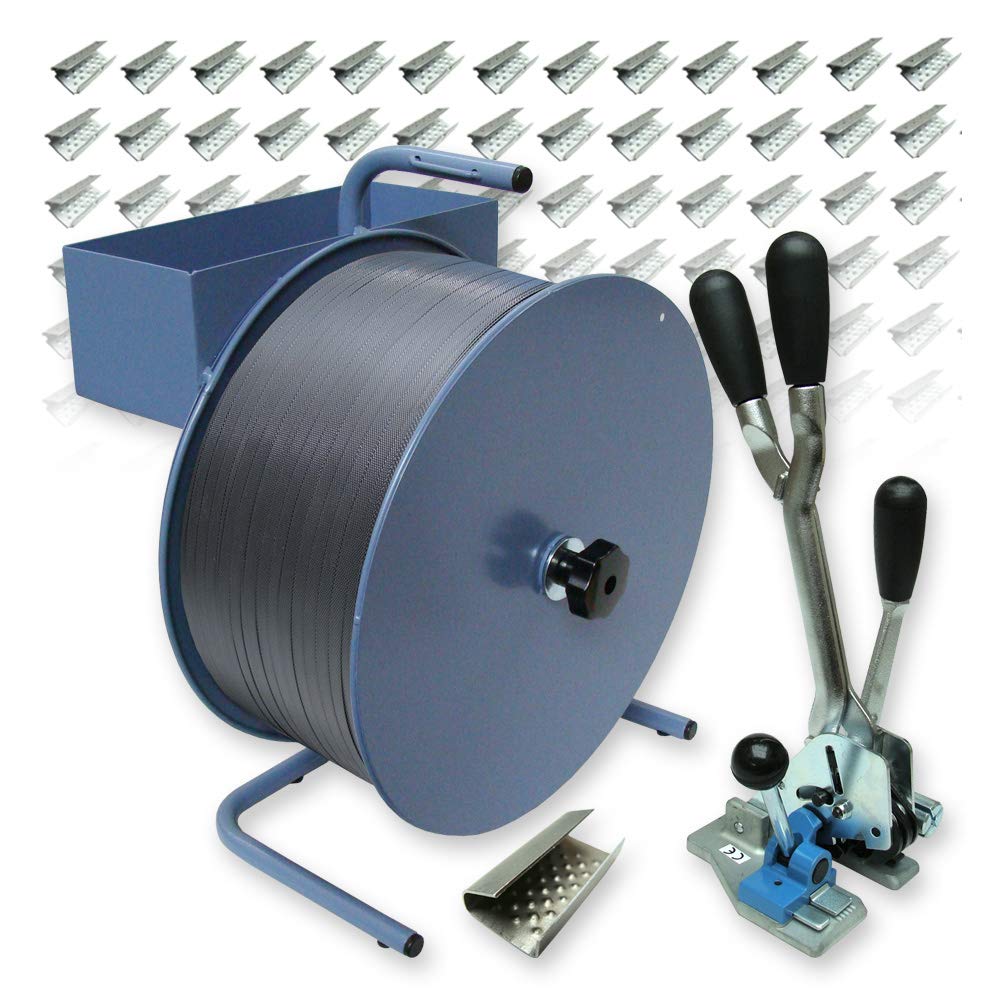 VEMATEC 16 mm PP-Umreifungsset - 2000 m Polypropylen-Umreifungsband, reißfest bis 215 kg mit Abrollgerät, Spann- und Verschlussgerät und 1000 Verschlusshülsen