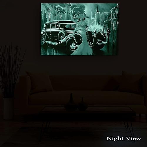 Miniatura 5 de Startonight Lienzo decorativo para pared, diseño de auto negro retro y mujer en pintura amarilla, marco grande, 32 x 48 pulgadas