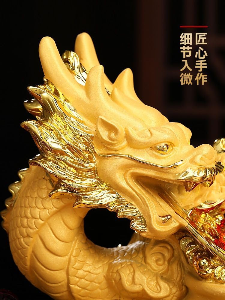 财富兴隆招财龙摆件 Feng Shui Home Office Decor Chinese Gifts Feng Shui Golden Treasure Basin 聚宝盆客厅办公室桌面收银台装饰店铺开业礼品 7684