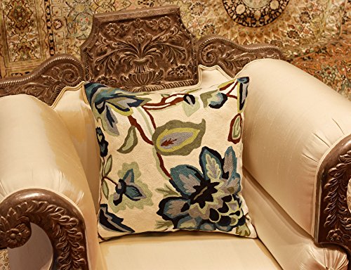 Kashmir Designs Modern Cream Floral Pillow Cover | Flower Hand Embroidered Pillow | Floral Outdoor Pillow | Suzani Accent Pillow | Flower Throw Pillow | Modern Floral Chair Cushion | Wool Size - 18X18 #TOP1