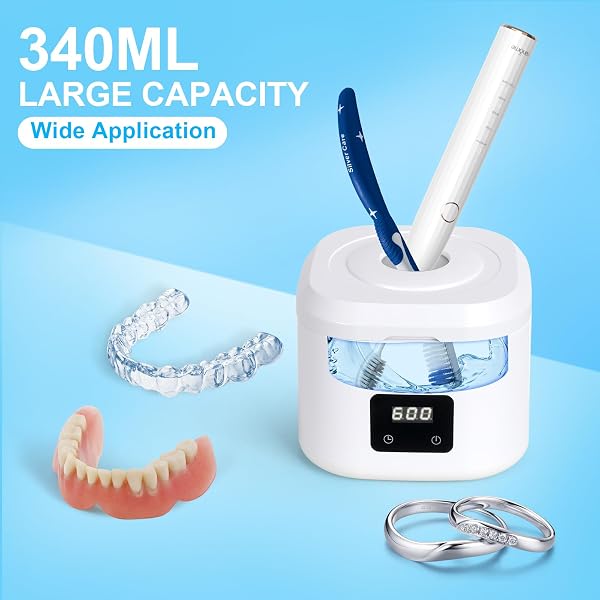 Retainer Ultrasonic Denture Cleaner Machine, 49kHz Dental Night Guard Cleaning Tablets Ultra Sonic Dental Tools for Aligner, Braces, Toothbrush Head & Jewelry with Digital Timer & 3 Mode White (340ML) - 5