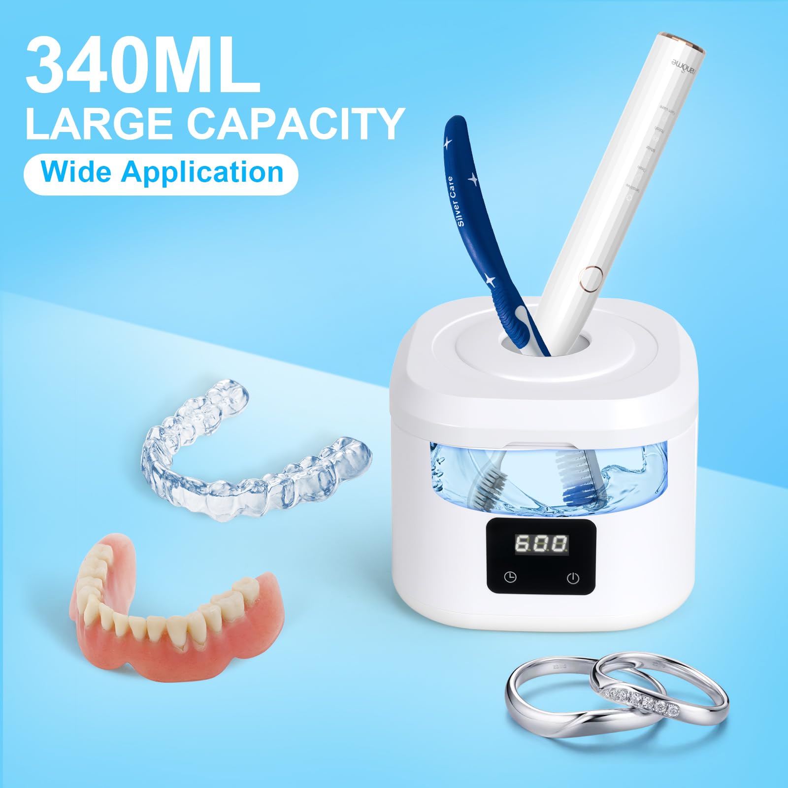 Retainer Ultrasonic Denture Cleaner Machine, 49kHz Dental Night Guard Cleaning Tablets Ultra Sonic Dental Tools for Aligner, Braces, Toothbrush Head & Jewelry with Digital Timer & 3 Mode White (340ML) — view 5