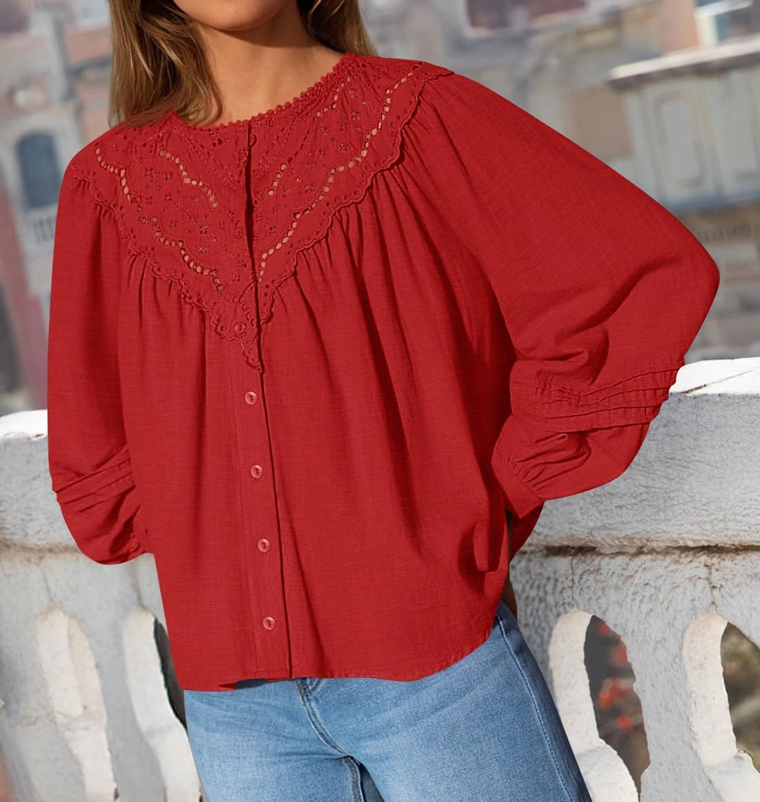 ZESICA 2026 Spring Summer Long Puff Sleeve Babydoll Tops for Women Lace Crochet Button Down Boho Victorian Shirts - Image 3