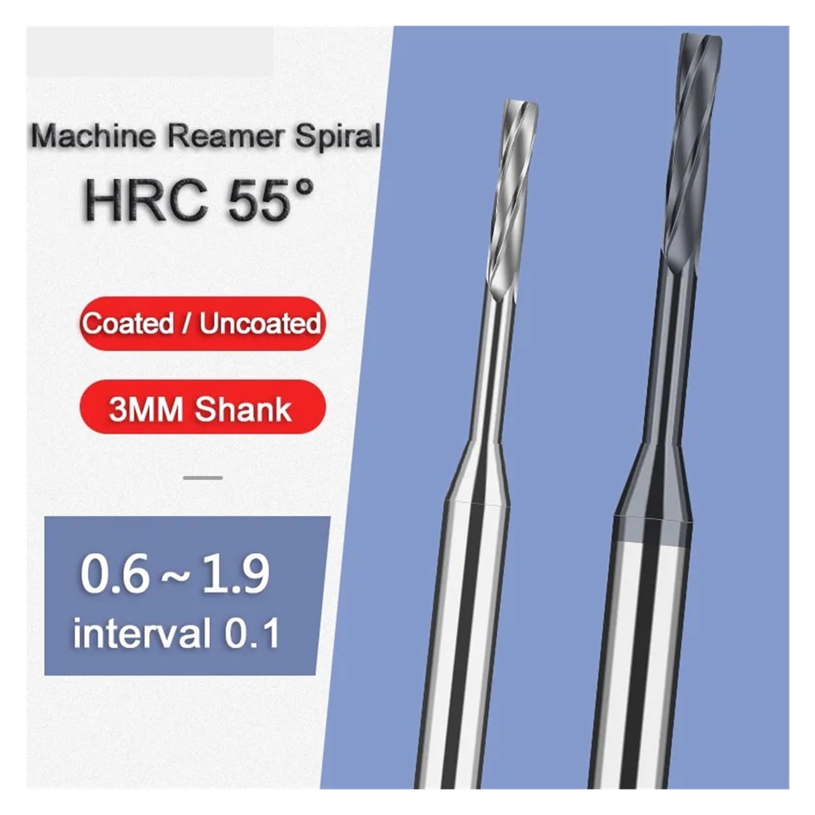 Alésoir en carbure de 0.6mm à 1.9mm, flûte en spirale, haute précision, tolérance de serrage, coupe-métal CNC, 1 pièce(Uncoated1.1xD3x50L)