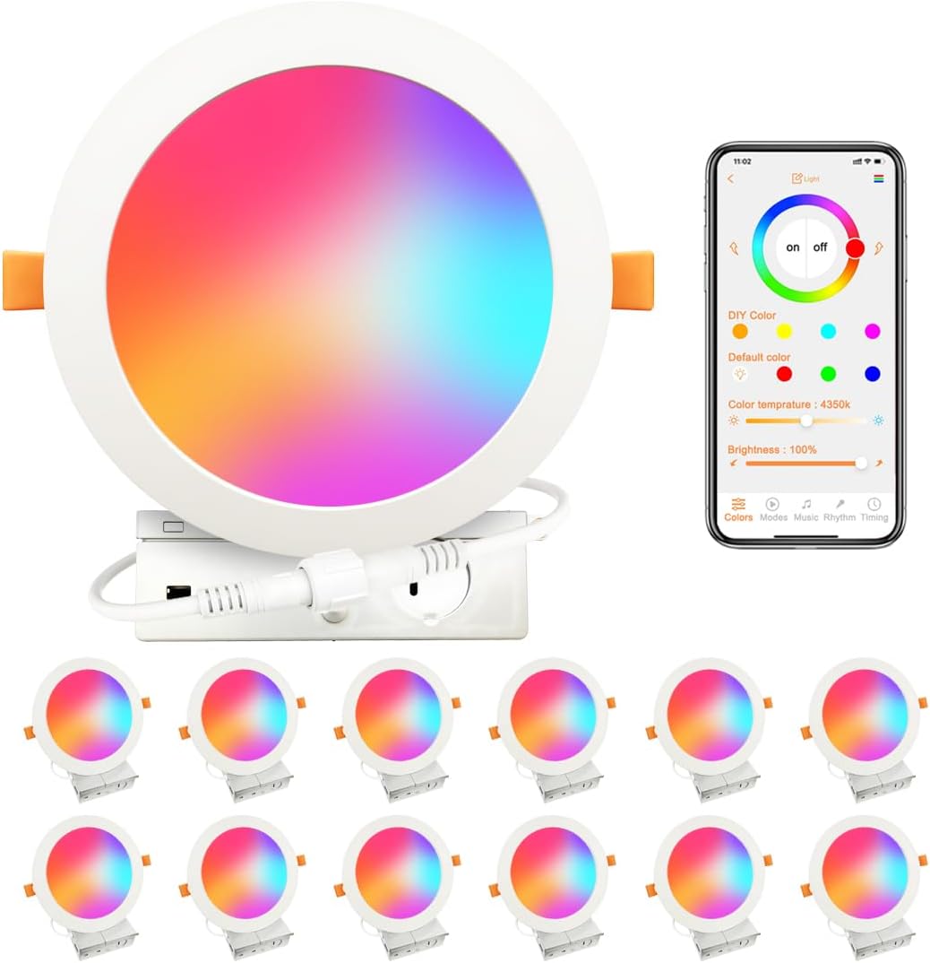 MELPO Smart Recessed Lighting 6 Inch Compatible with Alexa & Siri?1500LM RGBWW Recessed Ceiling Light 2700K-6000K?16 Million Colors?Music Sync? DIY Scenes?16W LED Downlight with Junction Box?12 Pack