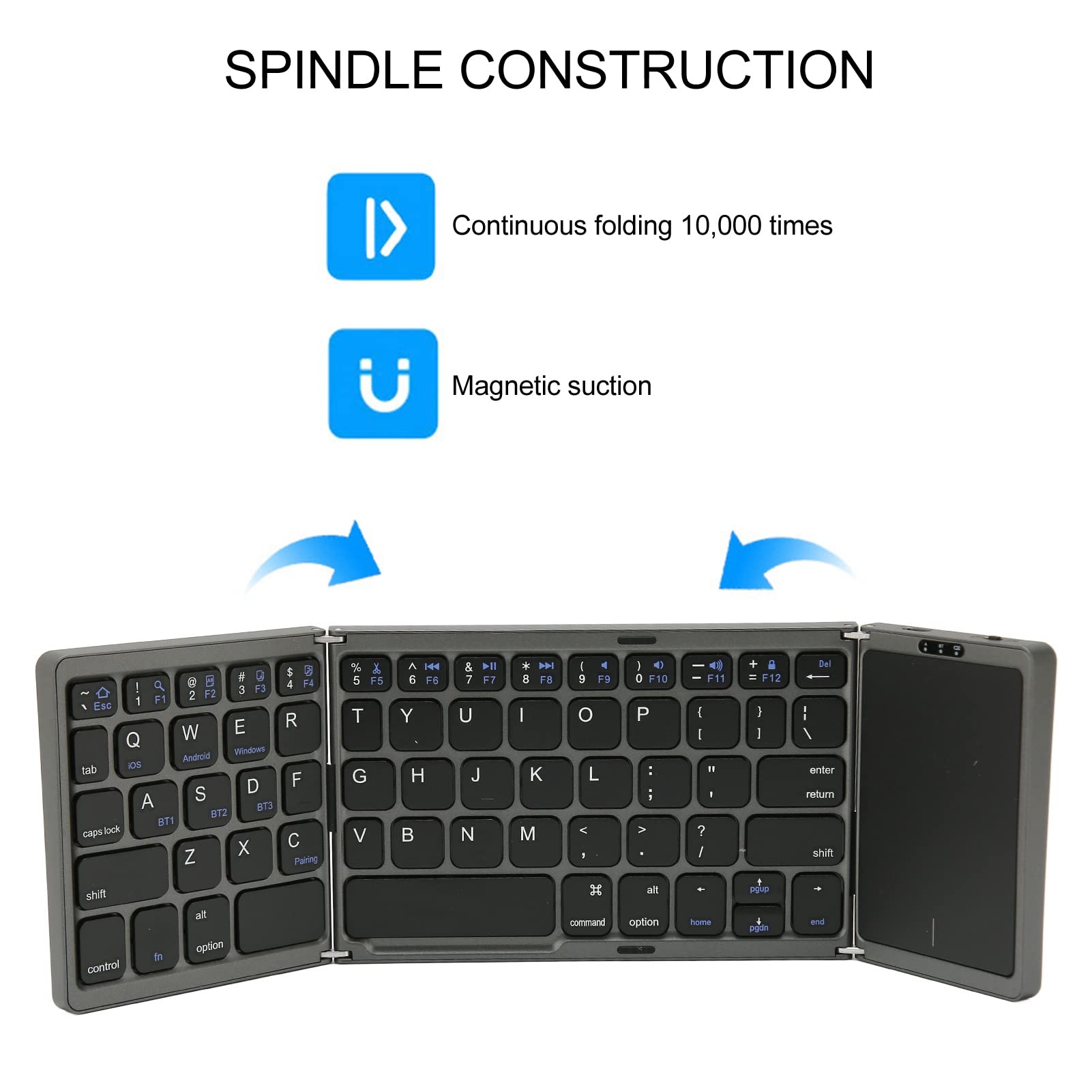 B089T Składana Klawiatura, Potrójnie Składana Przenośna Bezprzewodowa Klawiatura z Touchpadem, 64 Klawisze USB C Klawiatura Komputerowa dla Androida Laptop Tablet (Szary)