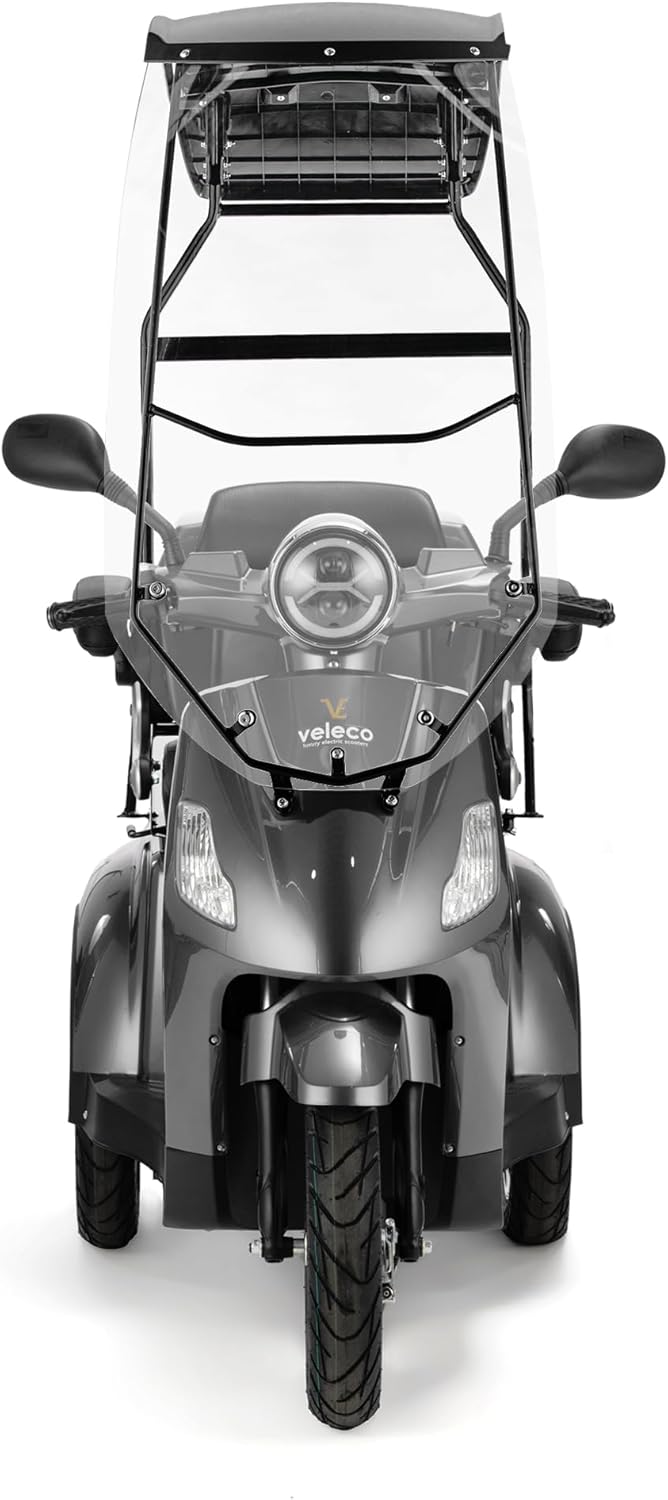 अगाडि view of the VELECO DRACO 3-wheel mobility scooter in grey, showing the headlight and windshield.