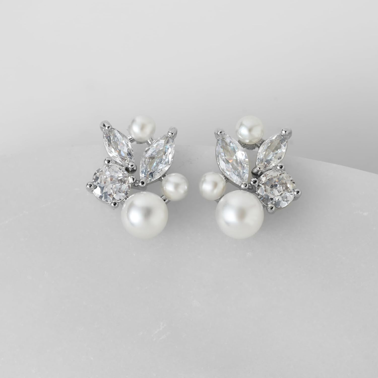 SWEETV Pearl Wedding Earrings for Brides, Bridesmaids, Bridal Pearl Cluster Earrings, Cubic Zirconia Pearl Drop Stud Earrigs for Women, Formal Jewelry Mother's Day Gifts - Image 5