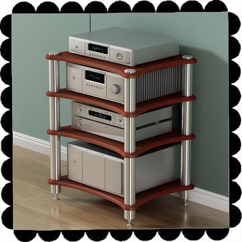 Étagère à 4 niveaux pour tourne-disque et console AV - Étagère en teck pour matériel audio et rangement multimédia (85 cm de haut)