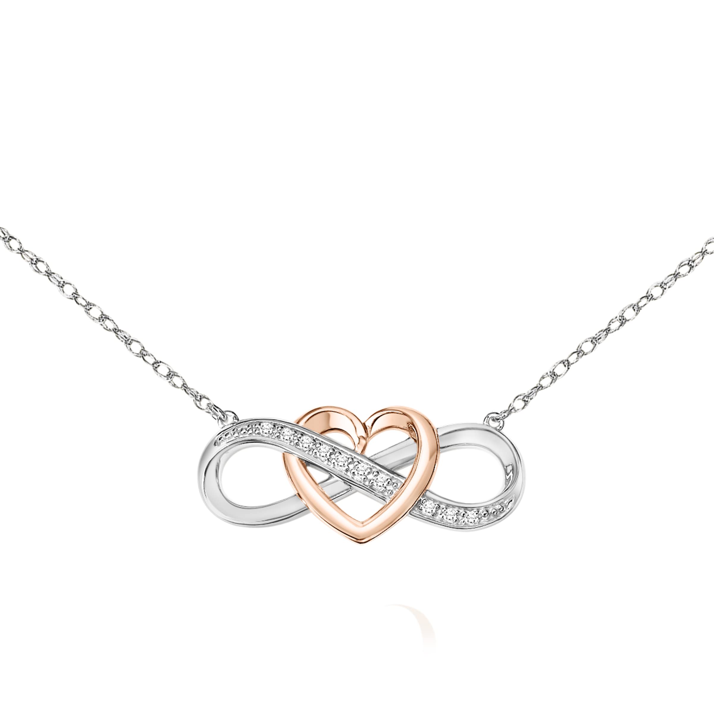 Two-Tone 925 Sterling Silver Diamond Infinity Interlacing 18K Rose Gold Plated Heart Pendant Necklace, 0.05 Cttw (I-J Color, I3 Clarity), with 17-inch Adjustable Silver Chain, by Brilliant Expressions