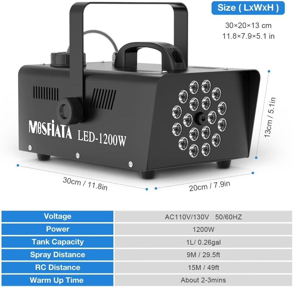 MOSFiATA 1200W Fog Machine, Smoke Machine with 18LED Lights and 6000CFM Fog with Wireless Remote Control Perfect for Wedding, Festival, Party and Stage Effect